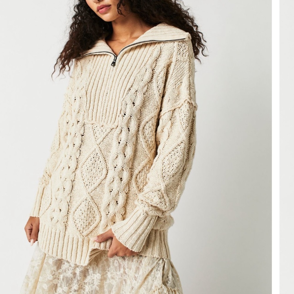 Free People Driftwood Cable Polo Tunic Sweater